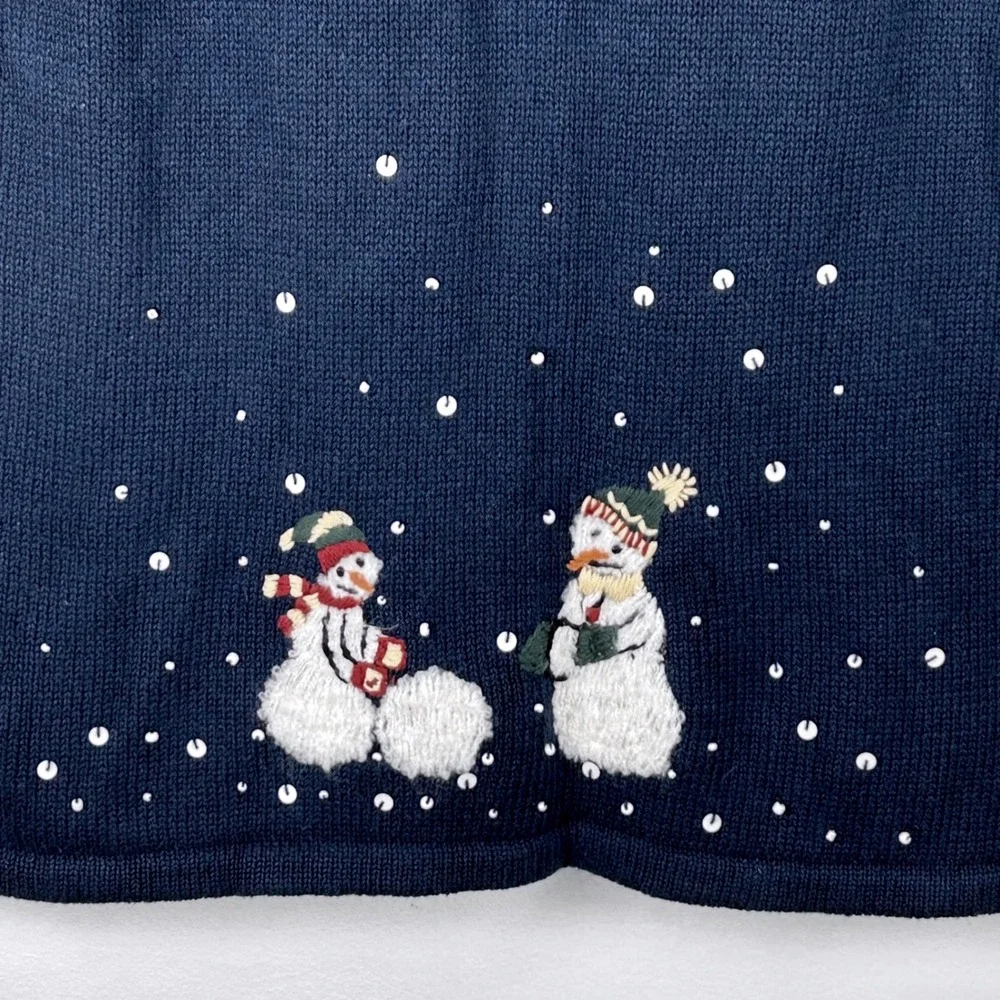 Vintage Breckenridge Navy Blue Snowman‎ Sequin Zip Up Vest Women's Medium